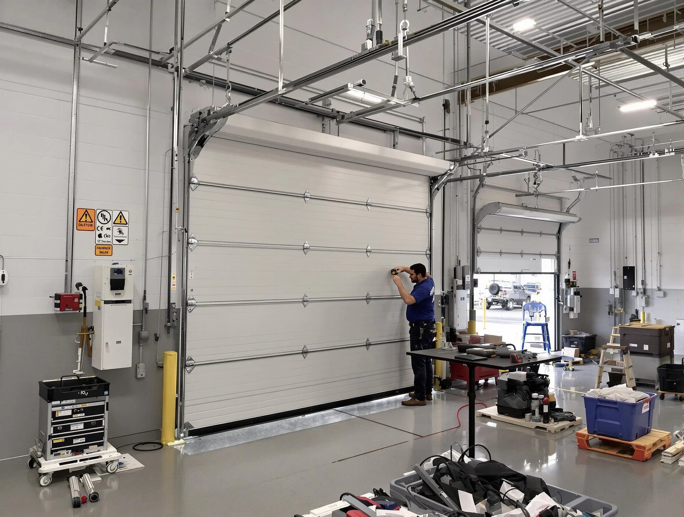 Commercial garage door repair being performed by Tarrant Garage Door Repair expert in Tarrant