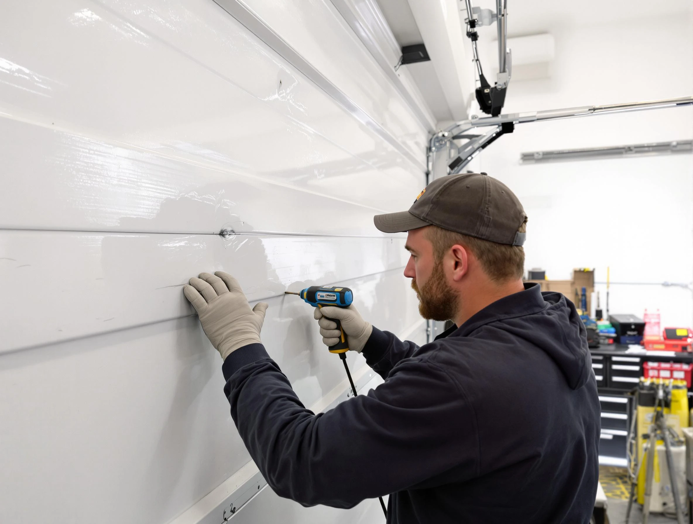 Tarrant Garage Door Repair technician demonstrating precision dent removal techniques on a Tarrant garage door